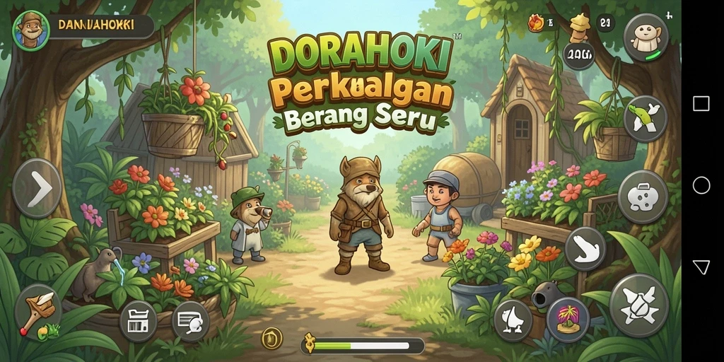 Tampilan gameplay menarik DORAHOKI, menampilkan kebun yang rimbun dan berwarna.