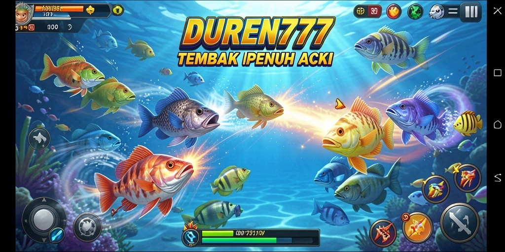 Screenshot DUREN777 menampilkan aksi seru dalam menembak ikan.