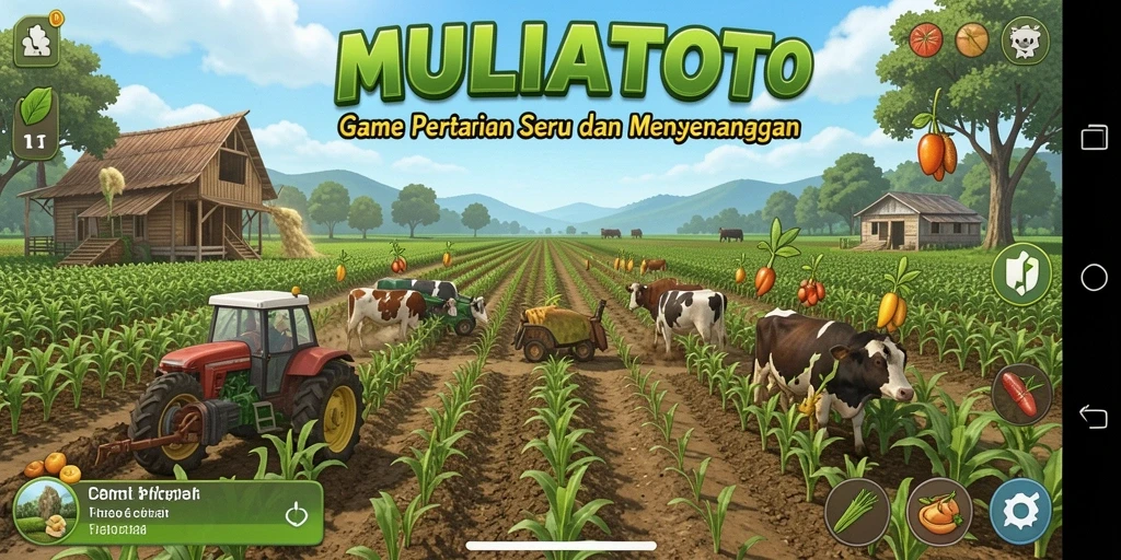 Screenshot utama dari gameplay MULIATOTO yang menampilkan ladang yang subur.