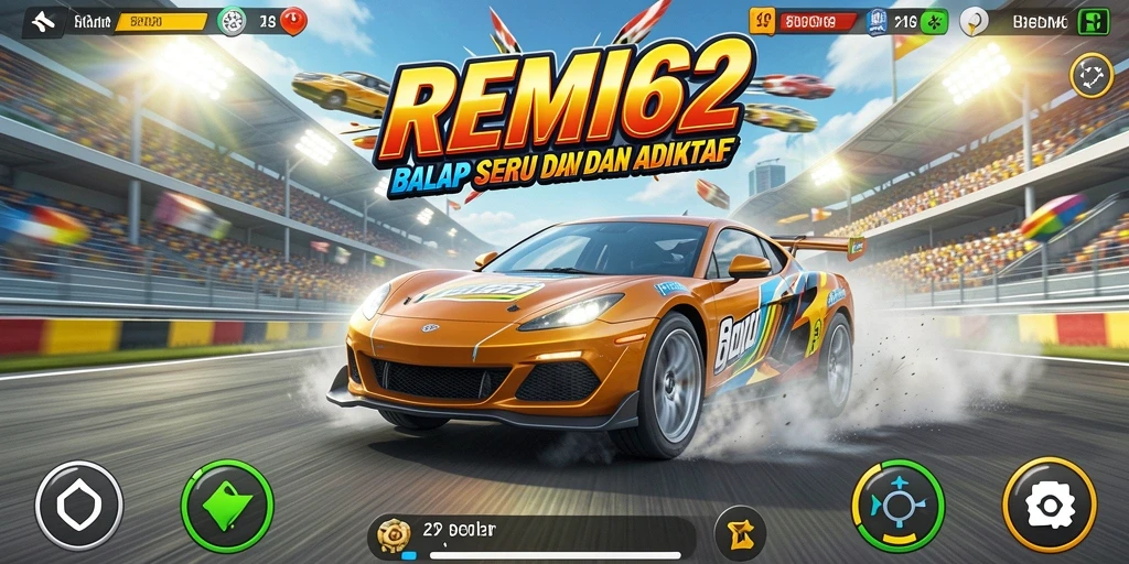 Tampilan gameplay menegangkan di lintasan balap dengan mobil cepat.